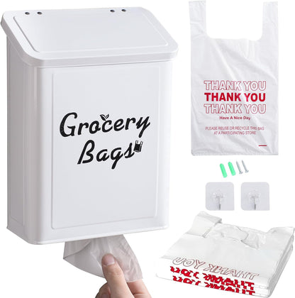 Metal White Magnetic Grocery Bags Holder, Farmhouse Wall Mount Plastic Bag Holder with 50pcs Shopping Bags, Trash Bag Dispenser for Kitchen, Garage, Laundry Room