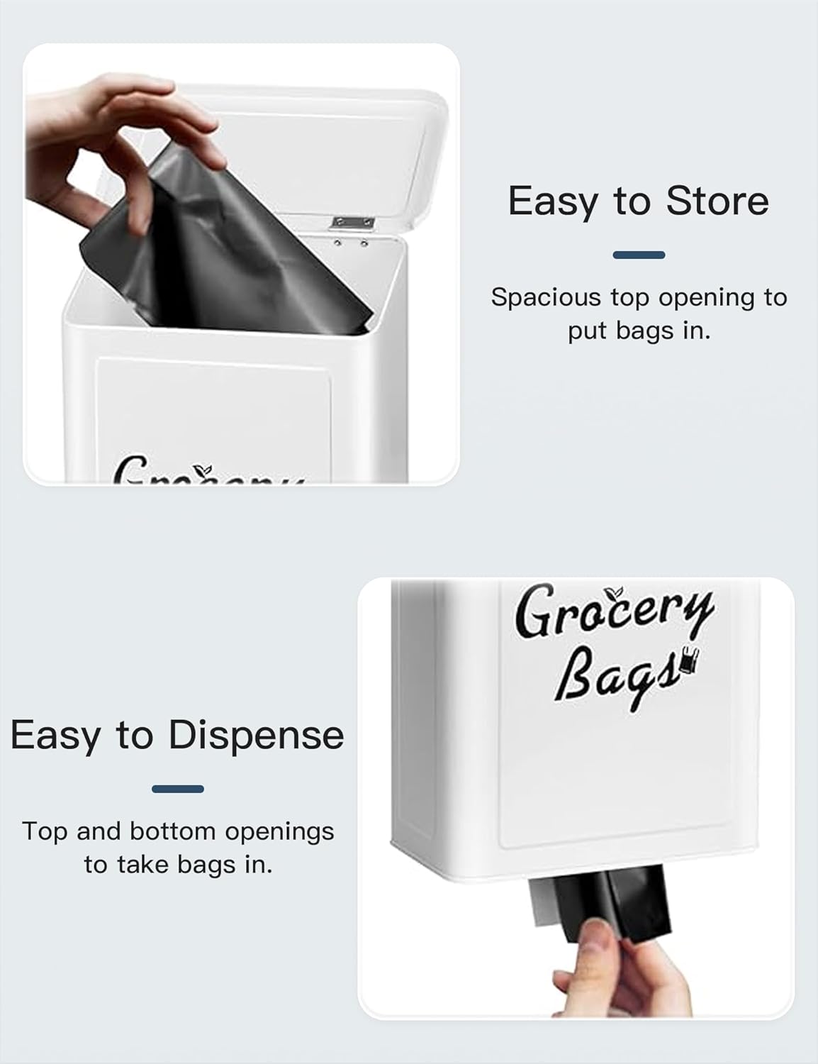 Metal White Magnetic Grocery Bags Holder, Farmhouse Wall Mount Plastic Bag Holder with 50pcs Shopping Bags, Trash Bag Dispenser for Kitchen, Garage, Laundry Room