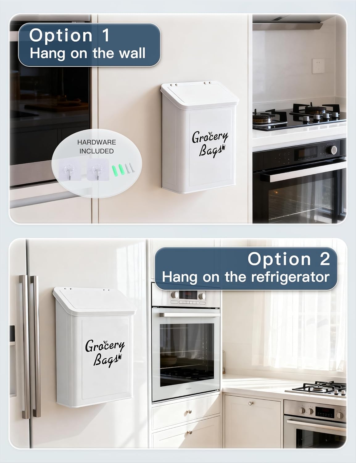 Metal White Magnetic Grocery Bags Holder, Farmhouse Wall Mount Plastic Bag Holder with 50pcs Shopping Bags, Trash Bag Dispenser for Kitchen, Garage, Laundry Room
