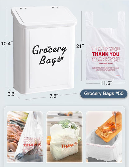 Metal White Magnetic Grocery Bags Holder, Farmhouse Wall Mount Plastic Bag Holder with 50pcs Shopping Bags, Trash Bag Dispenser for Kitchen, Garage, Laundry Room