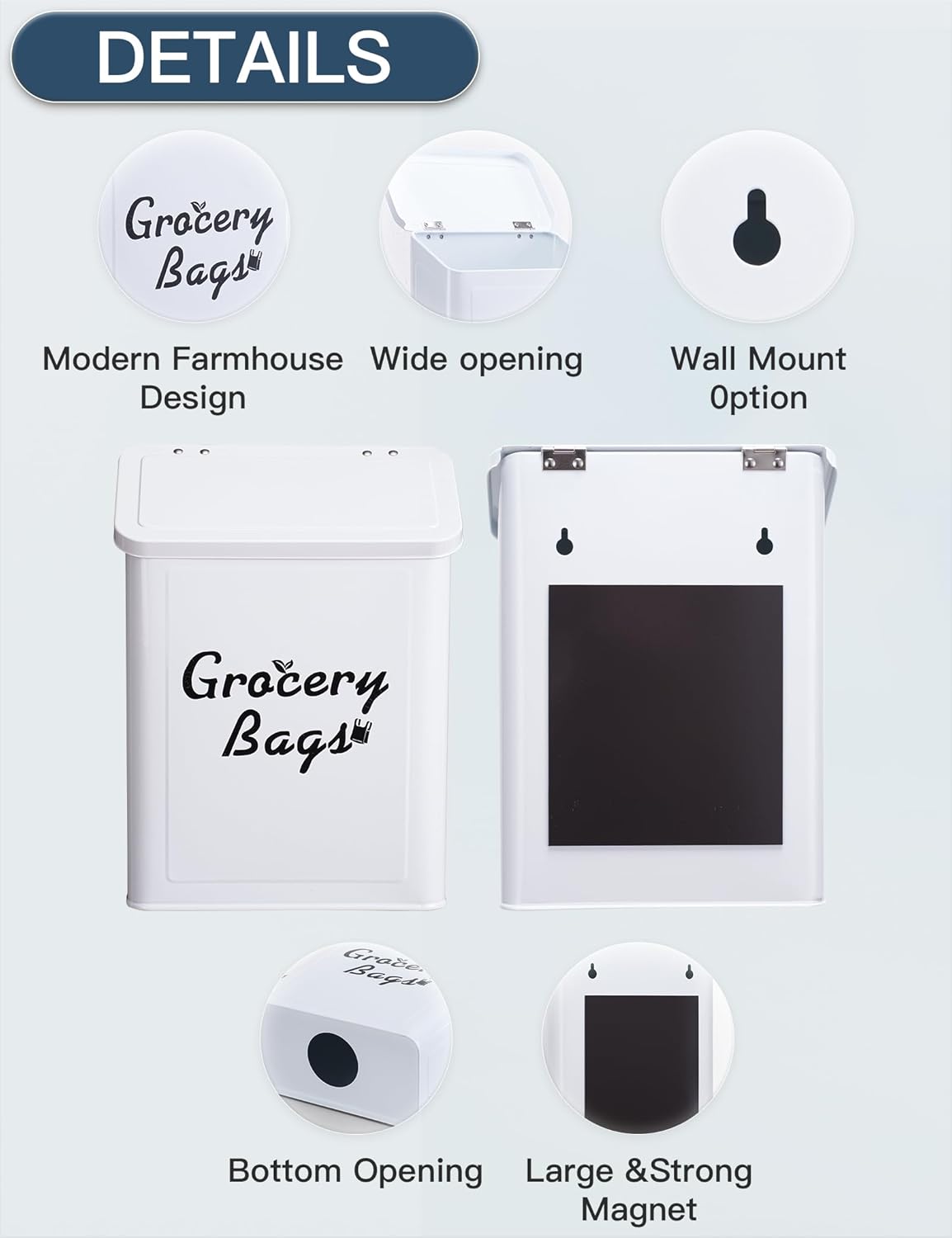 Metal White Magnetic Grocery Bags Holder, Farmhouse Wall Mount Plastic Bag Holder with 50pcs Shopping Bags, Trash Bag Dispenser for Kitchen, Garage, Laundry Room