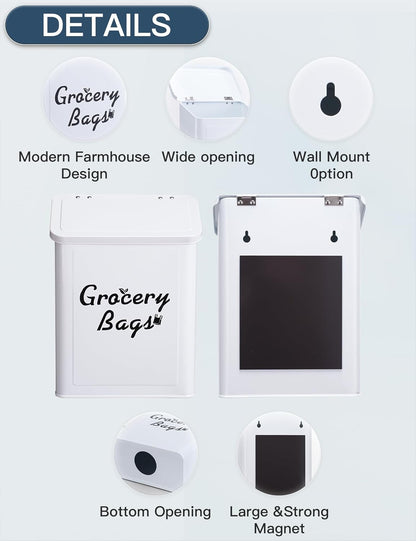Metal White Magnetic Grocery Bags Holder, Farmhouse Wall Mount Plastic Bag Holder with 50pcs Shopping Bags, Trash Bag Dispenser for Kitchen, Garage, Laundry Room
