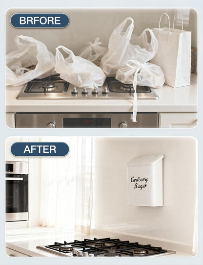 Metal White Magnetic Grocery Bags Holder, Farmhouse Wall Mount Plastic Bag Holder with 50pcs Shopping Bags, Trash Bag Dispenser for Kitchen, Garage, Laundry Room