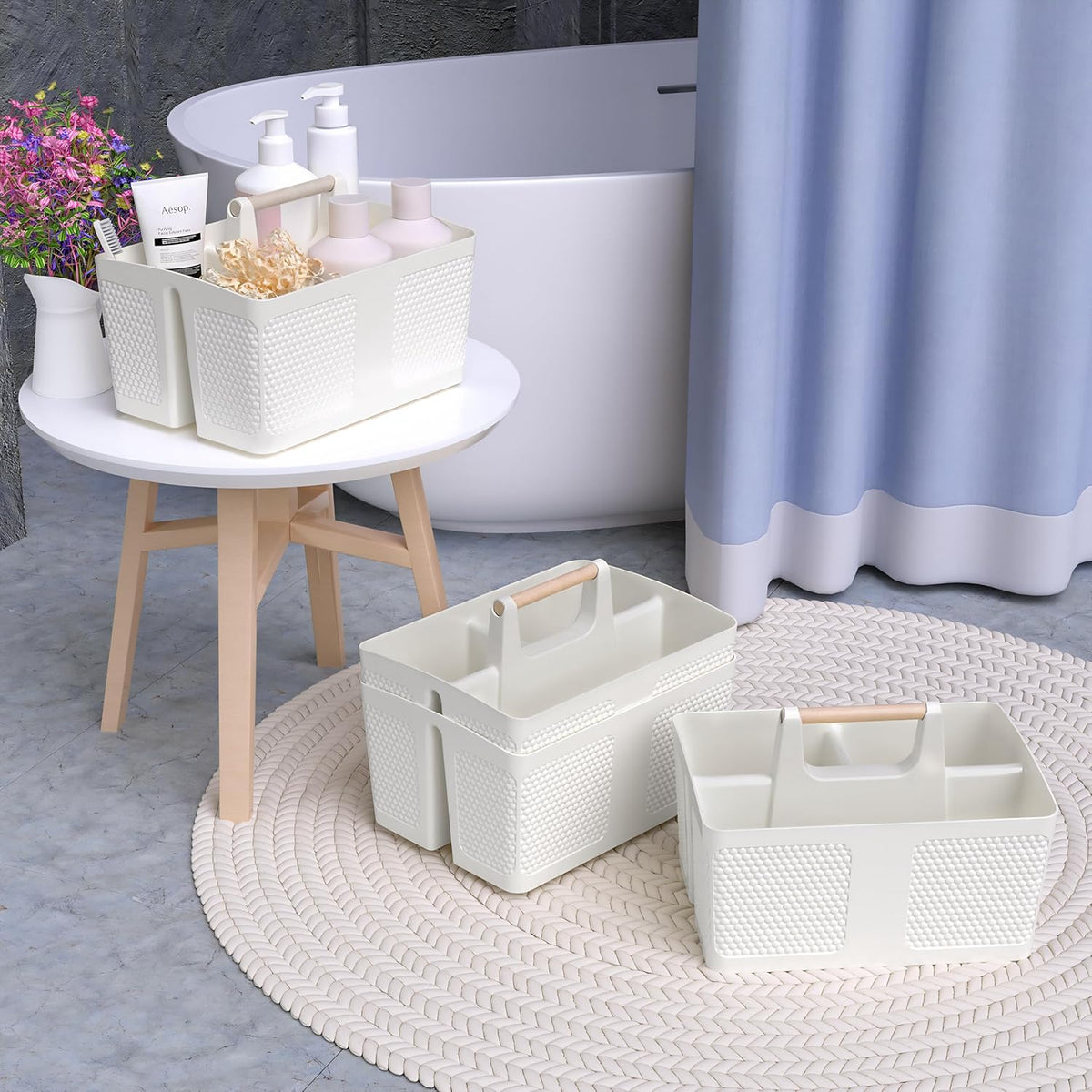 Shower Caddy Portable and Cleaning Caddy Organizer for Bathroom, Kitchen,Toiletries Storage, Caddy organizer with handle, Rust-Resistant, Durable Material(Milky White, 9.36"L×7.73"W×7.24"H)