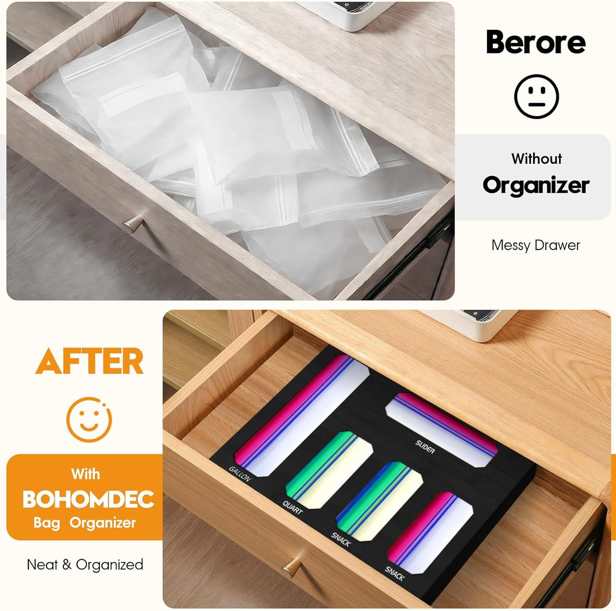 Bamboo Ziplock Bag Organizer for Kitchen Drawer & Wall Mount, Food Storage Baggie Holder, Fits Gallon Quart Sandwich Snack Freezer & Slider Bags, No Assembly, 6 in 1,Natural Color