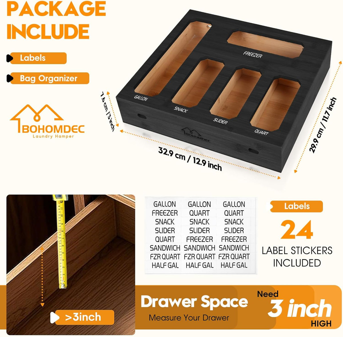 Bamboo Ziplock Bag Organizer for Kitchen Drawer & Wall Mount, Food Storage Baggie Holder, Fits Gallon Quart Sandwich Snack Freezer & Slider Bags, No Assembly, 6 in 1,Natural Color
