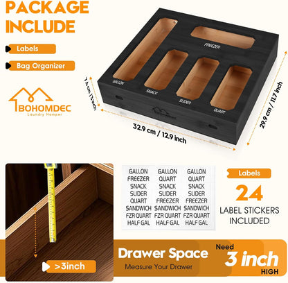 Bamboo Ziplock Bag Organizer for Kitchen Drawer & Wall Mount, Food Storage Baggie Holder, Fits Gallon Quart Sandwich Snack Freezer & Slider Bags, No Assembly, 6 in 1,Natural Color