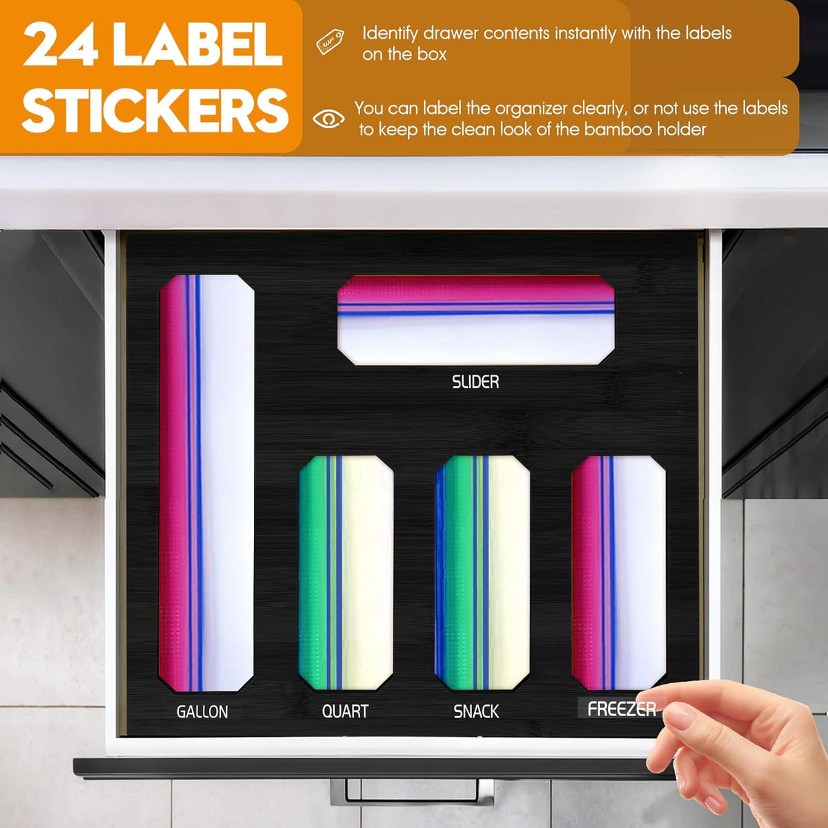 Bamboo Ziplock Bag Organizer for Kitchen Drawer & Wall Mount, Food Storage Baggie Holder, Fits Gallon Quart Sandwich Snack Freezer & Slider Bags, No Assembly, 6 in 1,Natural Color