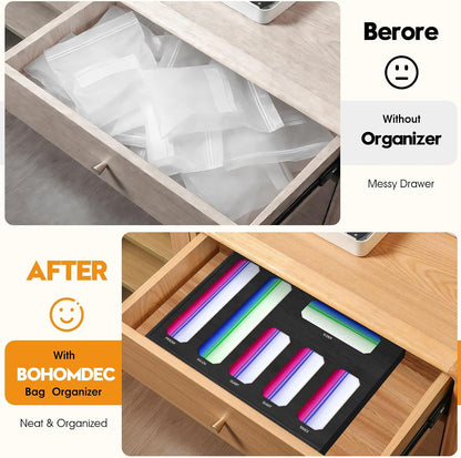 Bamboo Ziplock Bag Organizer for Kitchen Drawer & Wall Mount, Food Storage Baggie Holder, Fits Gallon Quart Sandwich Snack Freezer & Slider Bags, No Assembly, 6 in 1,Natural Color
