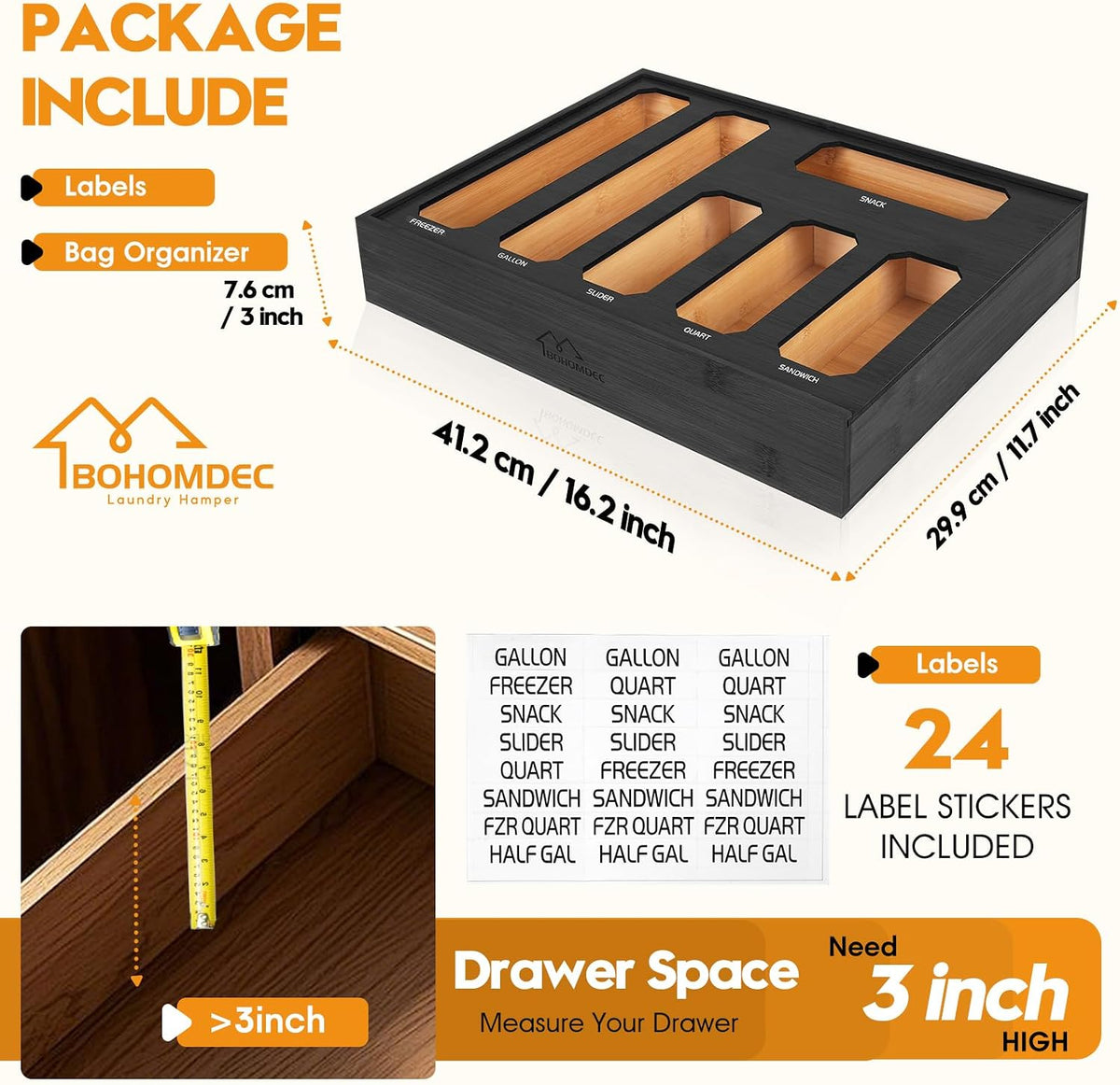 Bamboo Ziplock Bag Organizer for Kitchen Drawer & Wall Mount, Food Storage Baggie Holder, Fits Gallon Quart Sandwich Snack Freezer & Slider Bags, No Assembly, 6 in 1,Natural Color