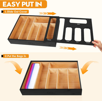 Bamboo Ziplock Bag Organizer for Kitchen Drawer & Wall Mount, Food Storage Baggie Holder, Fits Gallon Quart Sandwich Snack Freezer & Slider Bags, No Assembly, 6 in 1,Natural Color
