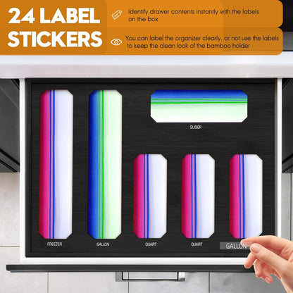 Bamboo Ziplock Bag Organizer for Kitchen Drawer & Wall Mount, Food Storage Baggie Holder, Fits Gallon Quart Sandwich Snack Freezer & Slider Bags, No Assembly, 6 in 1,Natural Color
