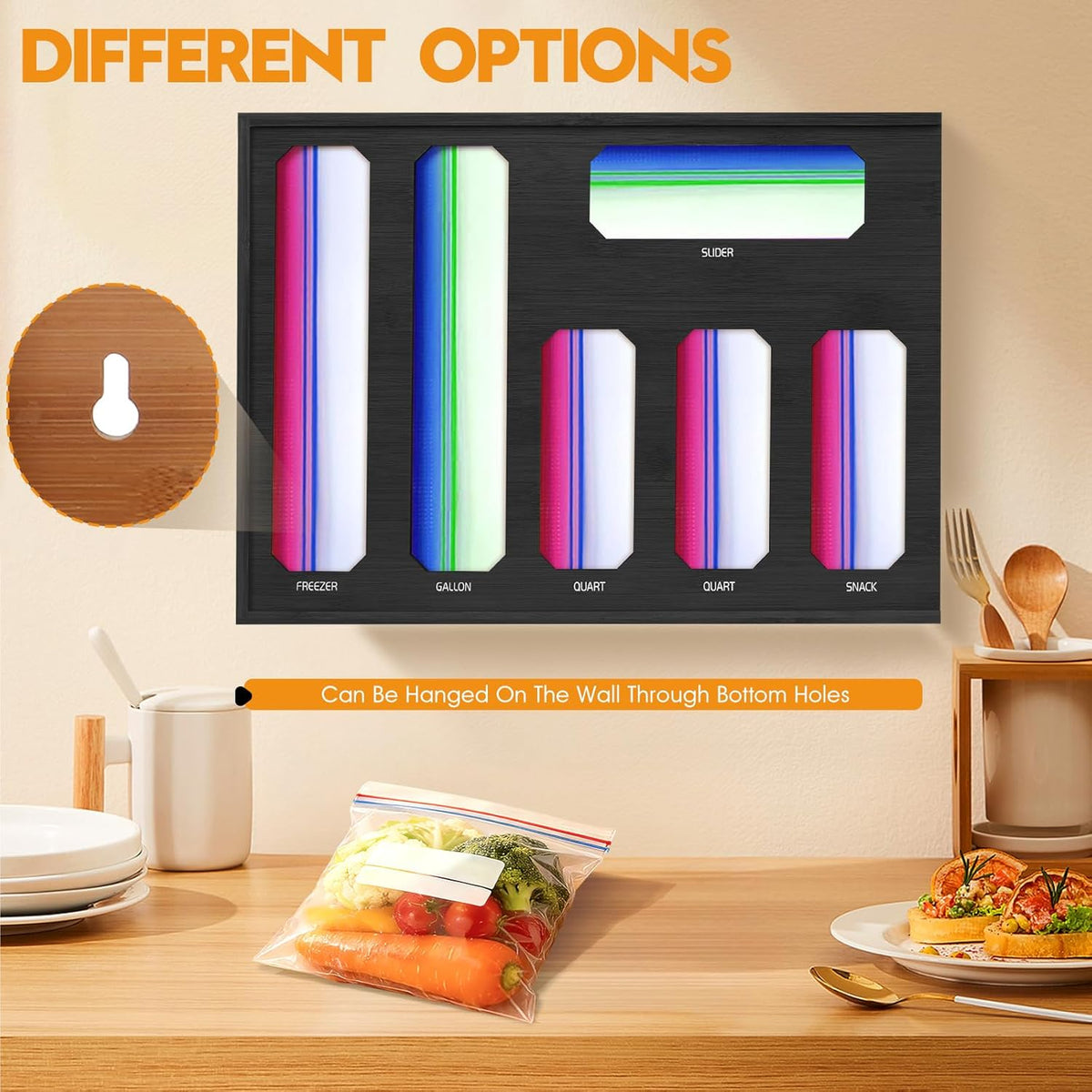 Bamboo Ziplock Bag Organizer for Kitchen Drawer & Wall Mount, Food Storage Baggie Holder, Fits Gallon Quart Sandwich Snack Freezer & Slider Bags, No Assembly, 6 in 1,Natural Color