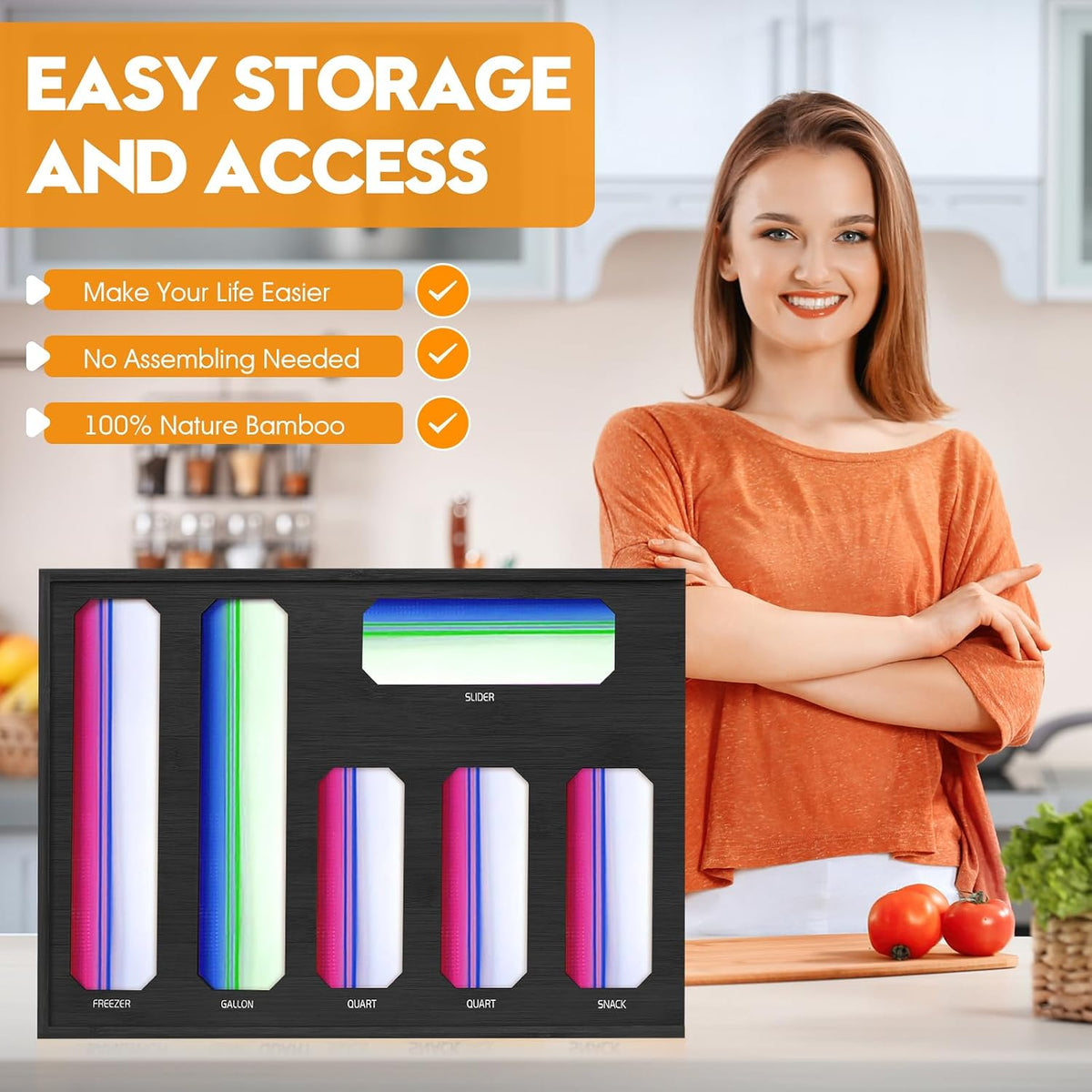 Bamboo Ziplock Bag Organizer for Kitchen Drawer & Wall Mount, Food Storage Baggie Holder, Fits Gallon Quart Sandwich Snack Freezer & Slider Bags, No Assembly, 6 in 1,Natural Color