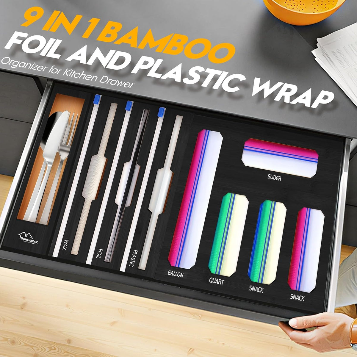 Bamboo Ziplock Bag Organizer for Kitchen Drawer & Wall Mount, Food Storage Baggie Holder, Fits Gallon Quart Sandwich Snack Freezer & Slider Bags, No Assembly, 6 in 1,Natural Color