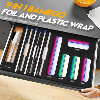 Bamboo Ziplock Bag Organizer for Kitchen Drawer & Wall Mount, Food Storage Baggie Holder, Fits Gallon Quart Sandwich Snack Freezer & Slider Bags, No Assembly, 6 in 1,Natural Color