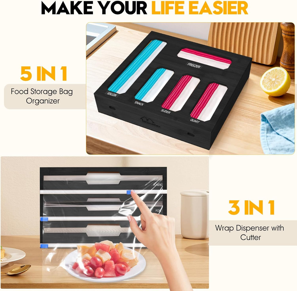 Bamboo Ziplock Bag Organizer for Kitchen Drawer & Wall Mount, Food Storage Baggie Holder, Fits Gallon Quart Sandwich Snack Freezer & Slider Bags, No Assembly, 6 in 1,Natural Color