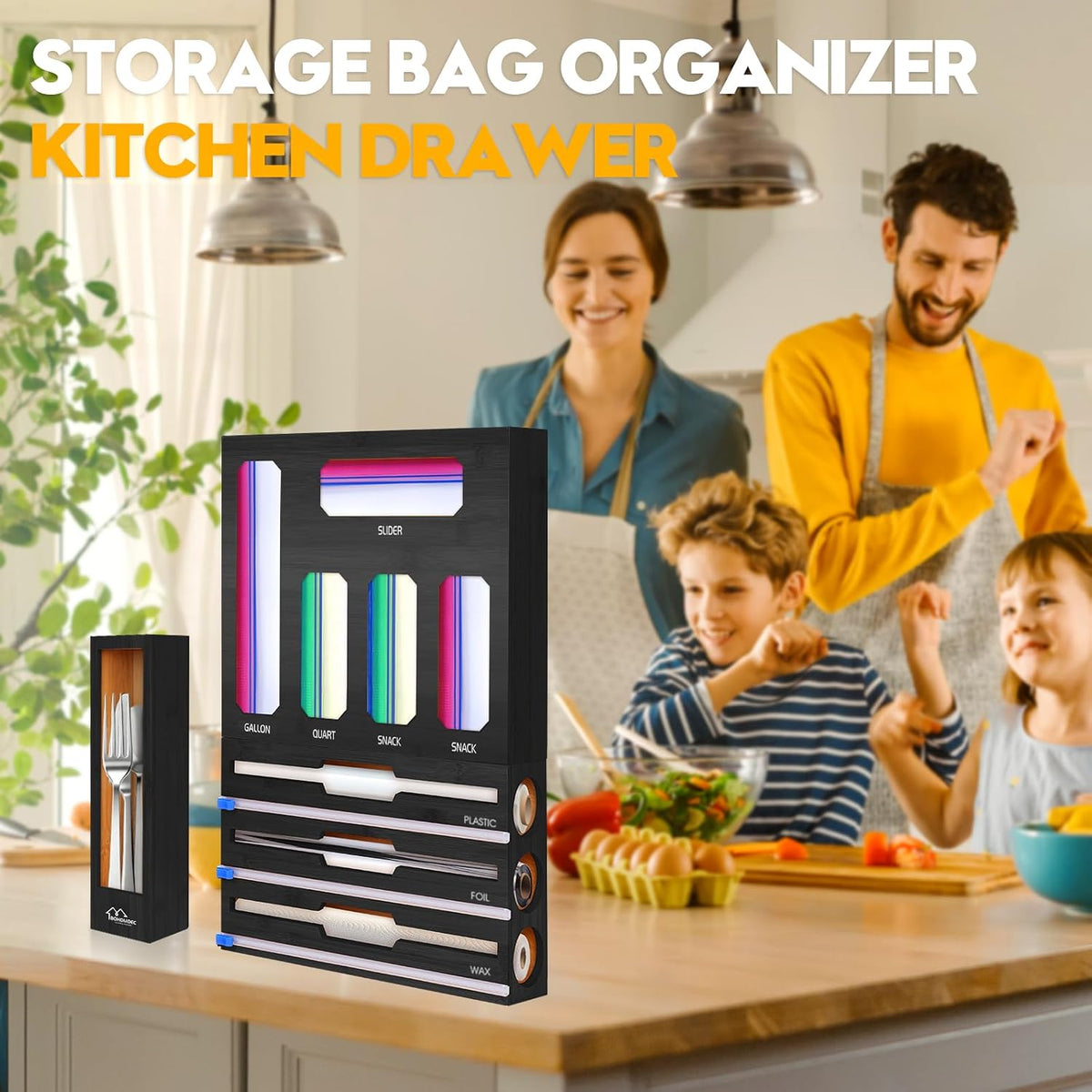 Bamboo Ziplock Bag Organizer for Kitchen Drawer & Wall Mount, Food Storage Baggie Holder, Fits Gallon Quart Sandwich Snack Freezer & Slider Bags, No Assembly, 6 in 1,Natural Color