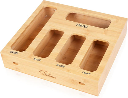 Bamboo Ziplock Bag Organizer for Kitchen Drawer & Wall Mount, Food Storage Baggie Holder, Fits Gallon Quart Sandwich Snack Freezer & Slider Bags, No Assembly, 6 in 1,Natural Color