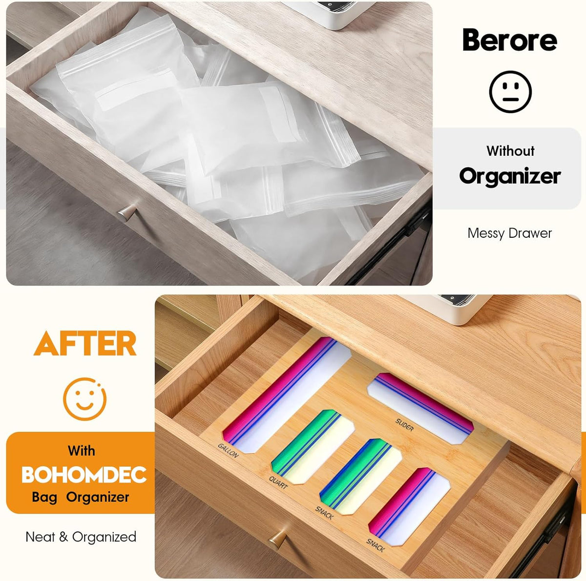 Bamboo Ziplock Bag Organizer for Kitchen Drawer & Wall Mount, Food Storage Baggie Holder, Fits Gallon Quart Sandwich Snack Freezer & Slider Bags, No Assembly, 6 in 1,Natural Color