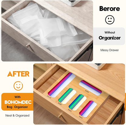 Bamboo Ziplock Bag Organizer for Kitchen Drawer & Wall Mount, Food Storage Baggie Holder, Fits Gallon Quart Sandwich Snack Freezer & Slider Bags, No Assembly, 6 in 1,Natural Color