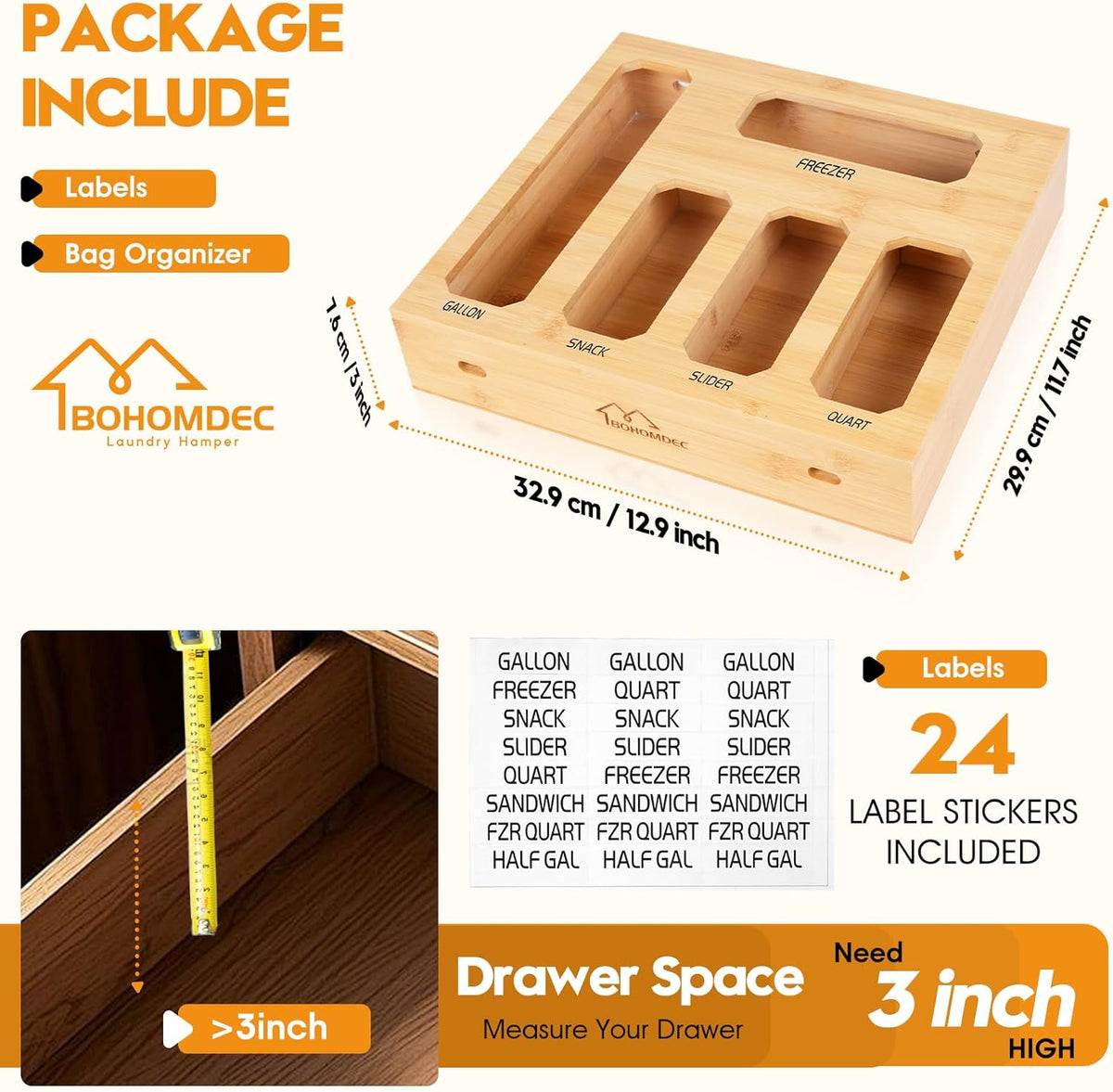 Bamboo Ziplock Bag Organizer for Kitchen Drawer & Wall Mount, Food Storage Baggie Holder, Fits Gallon Quart Sandwich Snack Freezer & Slider Bags, No Assembly, 6 in 1,Natural Color