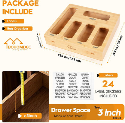 Bamboo Ziplock Bag Organizer for Kitchen Drawer & Wall Mount, Food Storage Baggie Holder, Fits Gallon Quart Sandwich Snack Freezer & Slider Bags, No Assembly, 6 in 1,Natural Color