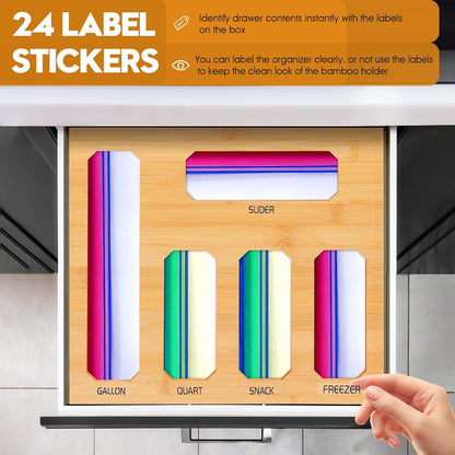 Bamboo Ziplock Bag Organizer for Kitchen Drawer & Wall Mount, Food Storage Baggie Holder, Fits Gallon Quart Sandwich Snack Freezer & Slider Bags, No Assembly, 6 in 1,Natural Color
