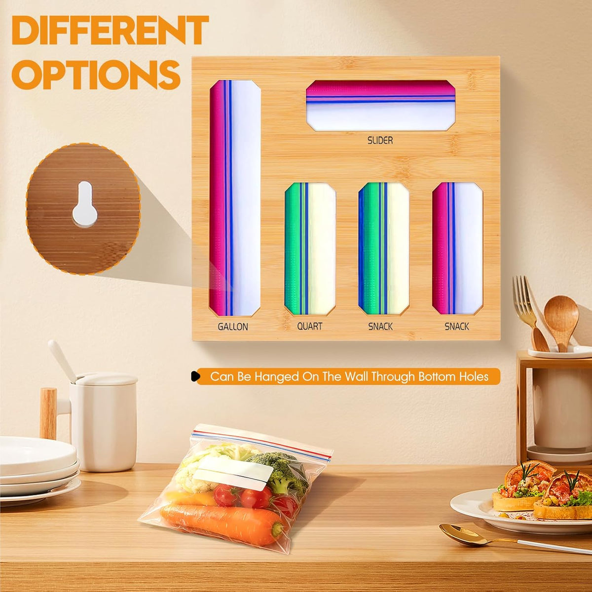 Bamboo Ziplock Bag Organizer for Kitchen Drawer & Wall Mount, Food Storage Baggie Holder, Fits Gallon Quart Sandwich Snack Freezer & Slider Bags, No Assembly, 6 in 1,Natural Color