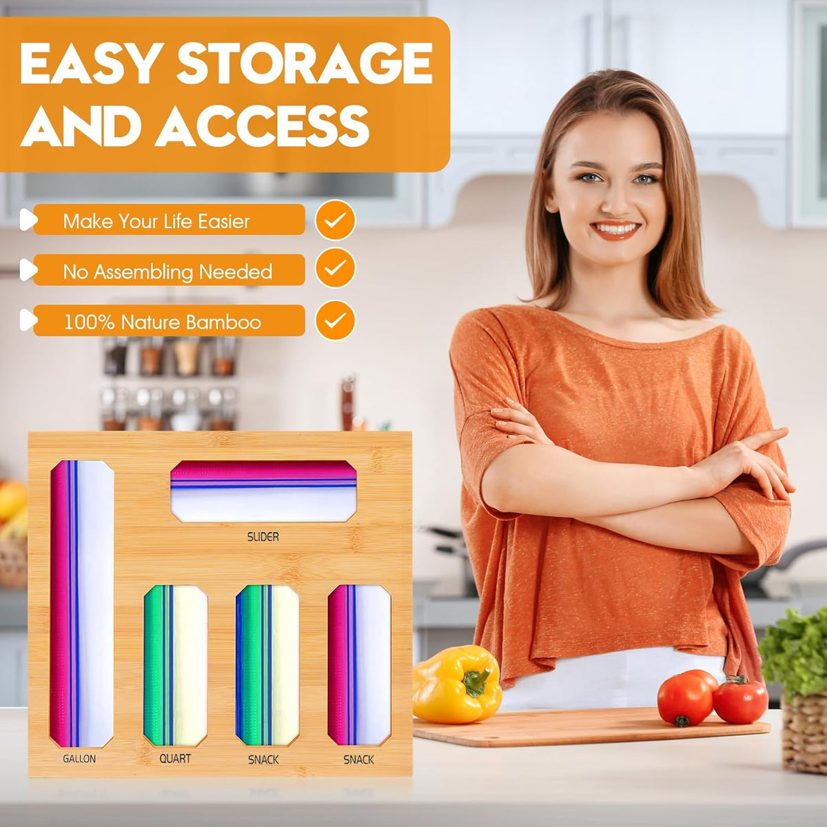 Bamboo Ziplock Bag Organizer for Kitchen Drawer & Wall Mount, Food Storage Baggie Holder, Fits Gallon Quart Sandwich Snack Freezer & Slider Bags, No Assembly, 6 in 1,Natural Color