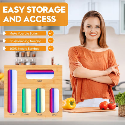 Bamboo Ziplock Bag Organizer for Kitchen Drawer & Wall Mount, Food Storage Baggie Holder, Fits Gallon Quart Sandwich Snack Freezer & Slider Bags, No Assembly, 6 in 1,Natural Color
