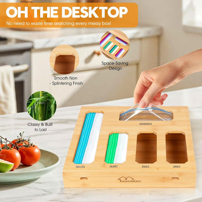 Bamboo Ziplock Bag Organizer for Kitchen Drawer & Wall Mount, Food Storage Baggie Holder, Fits Gallon Quart Sandwich Snack Freezer & Slider Bags, No Assembly, 6 in 1,Natural Color
