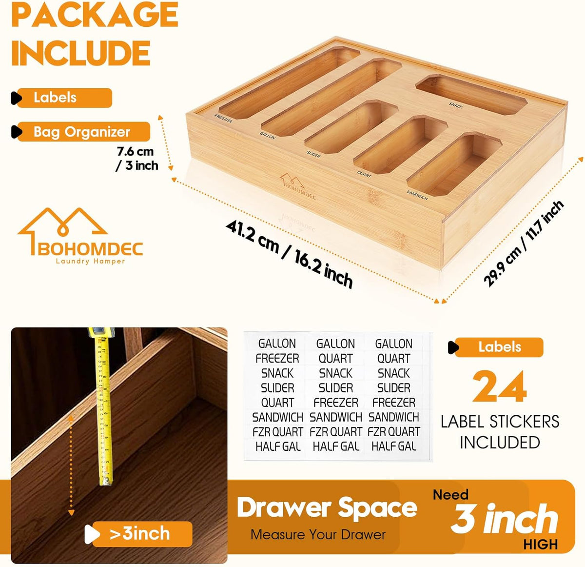 Bamboo Ziplock Bag Organizer for Kitchen Drawer & Wall Mount, Food Storage Baggie Holder, Fits Gallon Quart Sandwich Snack Freezer & Slider Bags, No Assembly, 6 in 1,Natural Color