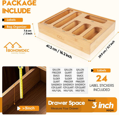 Bamboo Ziplock Bag Organizer for Kitchen Drawer & Wall Mount, Food Storage Baggie Holder, Fits Gallon Quart Sandwich Snack Freezer & Slider Bags, No Assembly, 6 in 1,Natural Color
