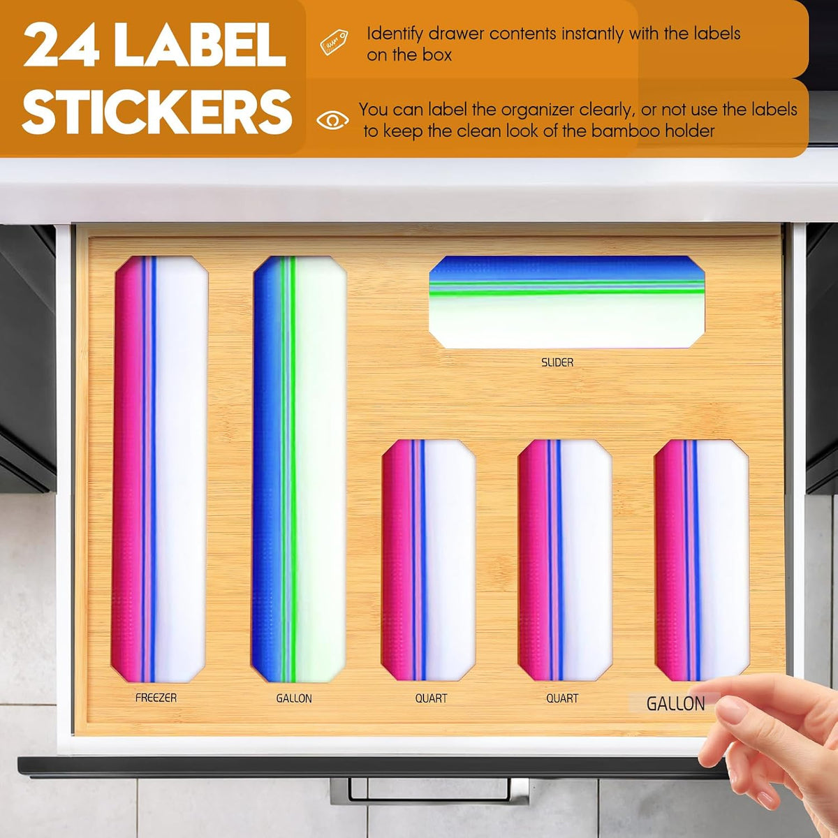 Bamboo Ziplock Bag Organizer for Kitchen Drawer & Wall Mount, Food Storage Baggie Holder, Fits Gallon Quart Sandwich Snack Freezer & Slider Bags, No Assembly, 6 in 1,Natural Color