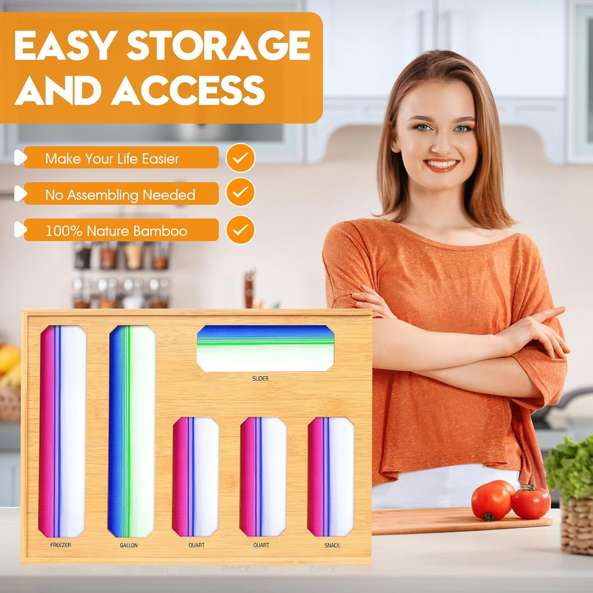 Bamboo Ziplock Bag Organizer for Kitchen Drawer & Wall Mount, Food Storage Baggie Holder, Fits Gallon Quart Sandwich Snack Freezer & Slider Bags, No Assembly, 6 in 1,Natural Color