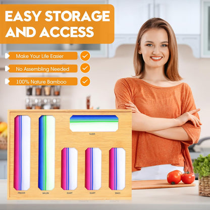 Bamboo Ziplock Bag Organizer for Kitchen Drawer & Wall Mount, Food Storage Baggie Holder, Fits Gallon Quart Sandwich Snack Freezer & Slider Bags, No Assembly, 6 in 1,Natural Color