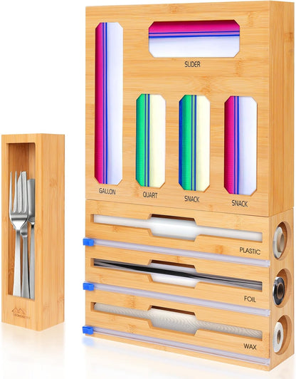 Bamboo Ziplock Bag Organizer for Kitchen Drawer & Wall Mount, Food Storage Baggie Holder, Fits Gallon Quart Sandwich Snack Freezer & Slider Bags, No Assembly, 6 in 1,Natural Color