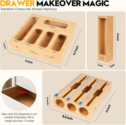 Bamboo Ziplock Bag Organizer for Kitchen Drawer & Wall Mount, Food Storage Baggie Holder, Fits Gallon Quart Sandwich Snack Freezer & Slider Bags, No Assembly, 6 in 1,Natural Color