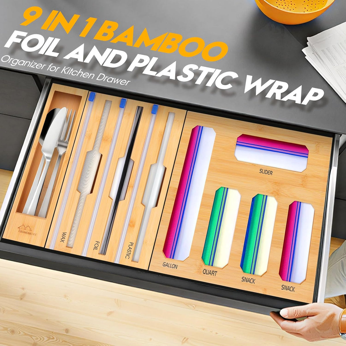 Bamboo Ziplock Bag Organizer for Kitchen Drawer & Wall Mount, Food Storage Baggie Holder, Fits Gallon Quart Sandwich Snack Freezer & Slider Bags, No Assembly, 6 in 1,Natural Color