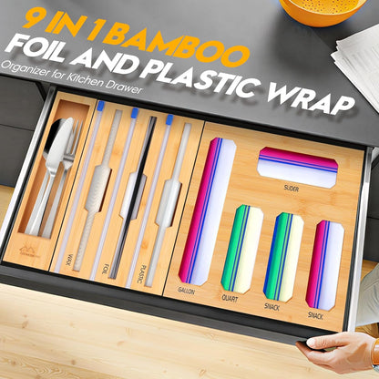 Bamboo Ziplock Bag Organizer for Kitchen Drawer & Wall Mount, Food Storage Baggie Holder, Fits Gallon Quart Sandwich Snack Freezer & Slider Bags, No Assembly, 6 in 1,Natural Color