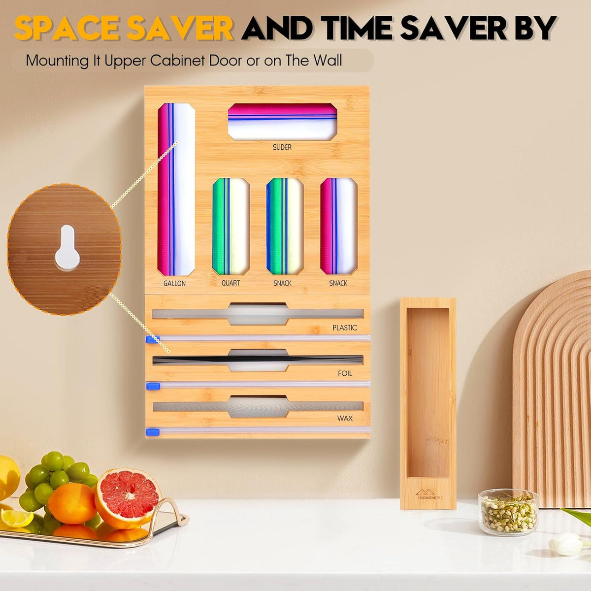 Bamboo Ziplock Bag Organizer for Kitchen Drawer & Wall Mount, Food Storage Baggie Holder, Fits Gallon Quart Sandwich Snack Freezer & Slider Bags, No Assembly, 6 in 1,Natural Color