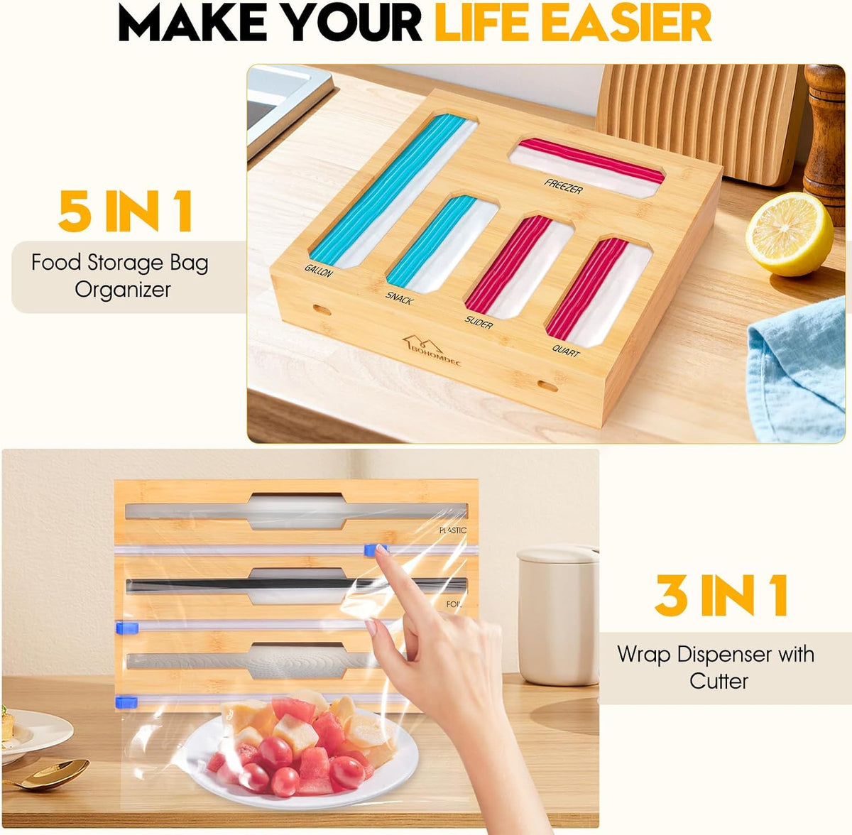 Bamboo Ziplock Bag Organizer for Kitchen Drawer & Wall Mount, Food Storage Baggie Holder, Fits Gallon Quart Sandwich Snack Freezer & Slider Bags, No Assembly, 6 in 1,Natural Color