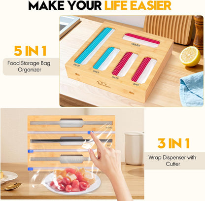 Bamboo Ziplock Bag Organizer for Kitchen Drawer & Wall Mount, Food Storage Baggie Holder, Fits Gallon Quart Sandwich Snack Freezer & Slider Bags, No Assembly, 6 in 1,Natural Color