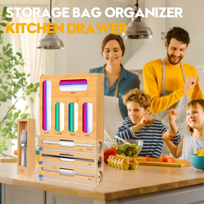 Bamboo Ziplock Bag Organizer for Kitchen Drawer & Wall Mount, Food Storage Baggie Holder, Fits Gallon Quart Sandwich Snack Freezer & Slider Bags, No Assembly, 6 in 1,Natural Color