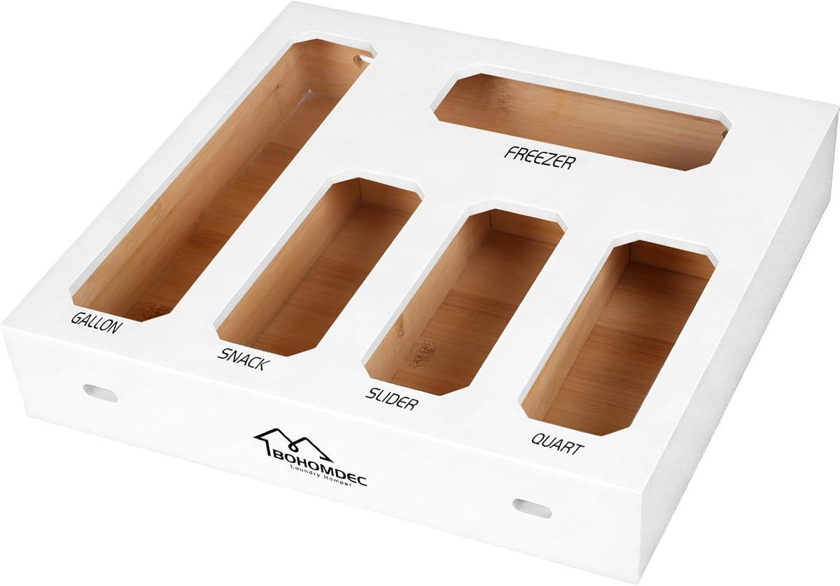 Bamboo Ziplock Bag Organizer for Kitchen Drawer & Wall Mount, Food Storage Baggie Holder, Fits Gallon Quart Sandwich Snack Freezer & Slider Bags, No Assembly, 6 in 1,Natural Color