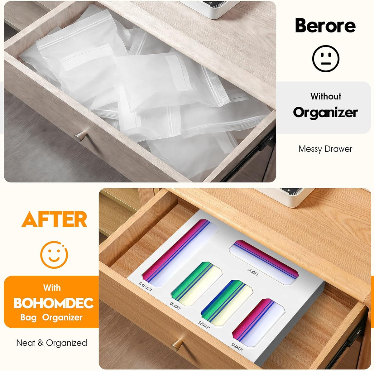 Bamboo Ziplock Bag Organizer for Kitchen Drawer & Wall Mount, Food Storage Baggie Holder, Fits Gallon Quart Sandwich Snack Freezer & Slider Bags, No Assembly, 6 in 1,Natural Color
