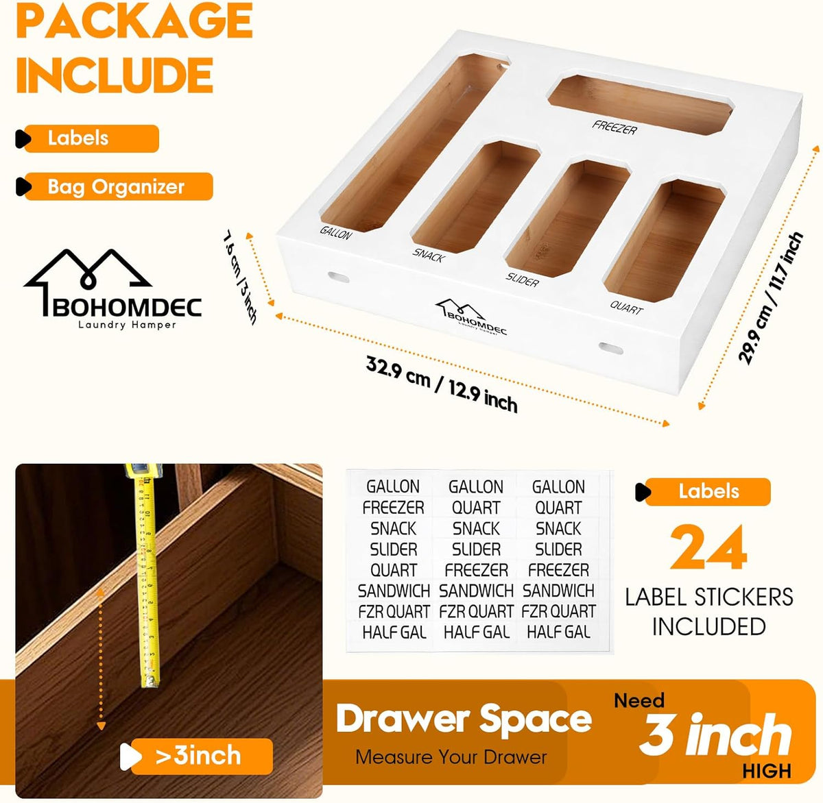 Bamboo Ziplock Bag Organizer for Kitchen Drawer & Wall Mount, Food Storage Baggie Holder, Fits Gallon Quart Sandwich Snack Freezer & Slider Bags, No Assembly, 6 in 1,Natural Color
