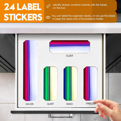 Bamboo Ziplock Bag Organizer for Kitchen Drawer & Wall Mount, Food Storage Baggie Holder, Fits Gallon Quart Sandwich Snack Freezer & Slider Bags, No Assembly, 6 in 1,Natural Color