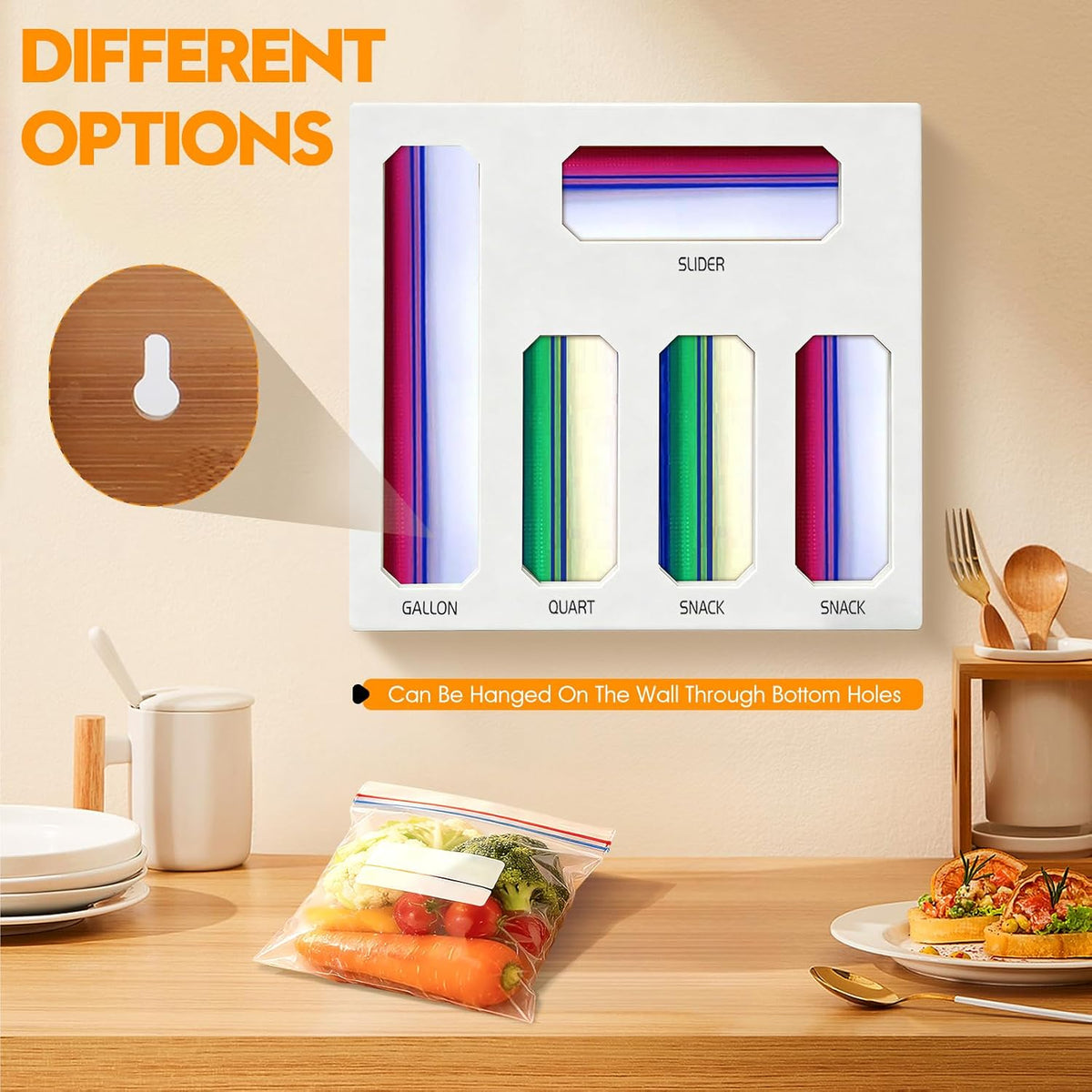 Bamboo Ziplock Bag Organizer for Kitchen Drawer & Wall Mount, Food Storage Baggie Holder, Fits Gallon Quart Sandwich Snack Freezer & Slider Bags, No Assembly, 6 in 1,Natural Color